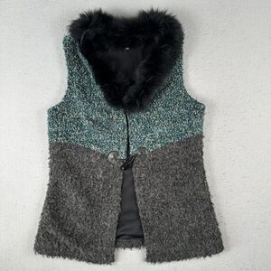 Paola Poggi Knit Faux Fur Vest Women’s 36 Blue Gray Lined Wool Blend Toggle